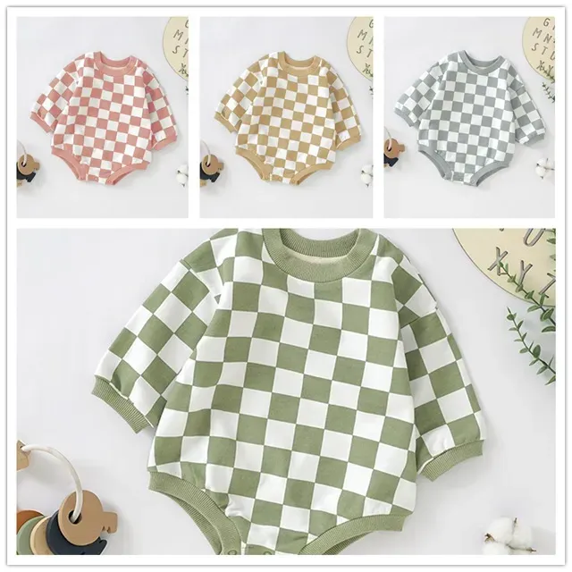 Wholesale Kids Baby Boys Girls Casual Cute Plaid Print Long Sleeve Romper - Image 5