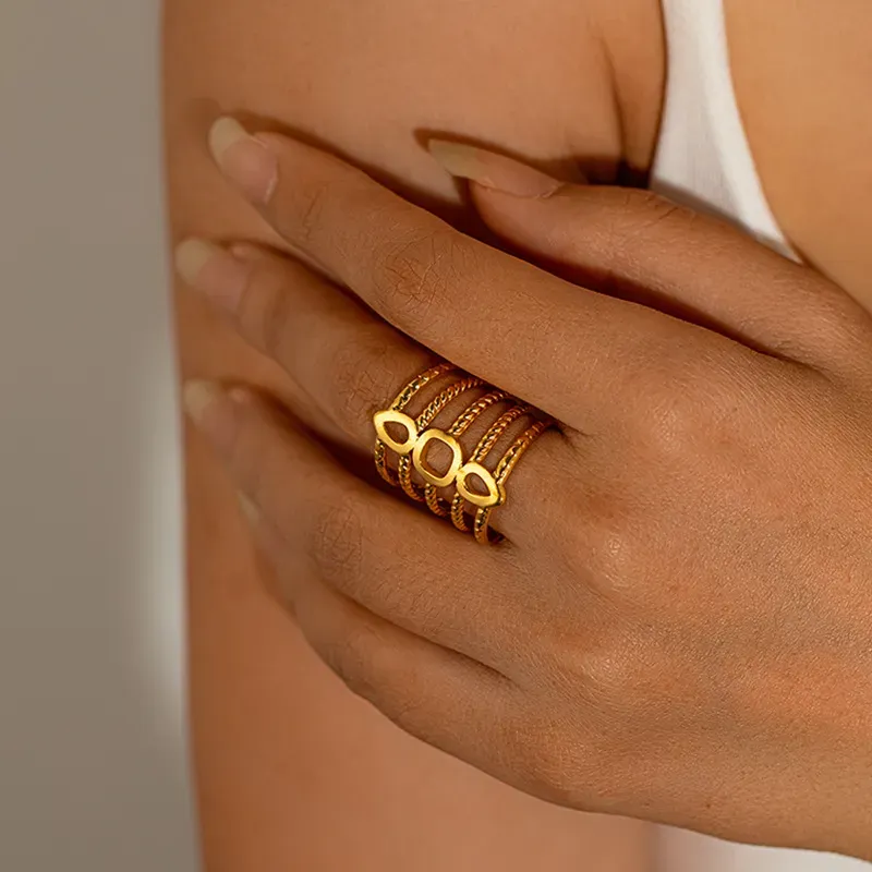 Wholesale Women Simple Geometric Leaf Heart-Shaped Titanium Steel Open Ring - Image 4