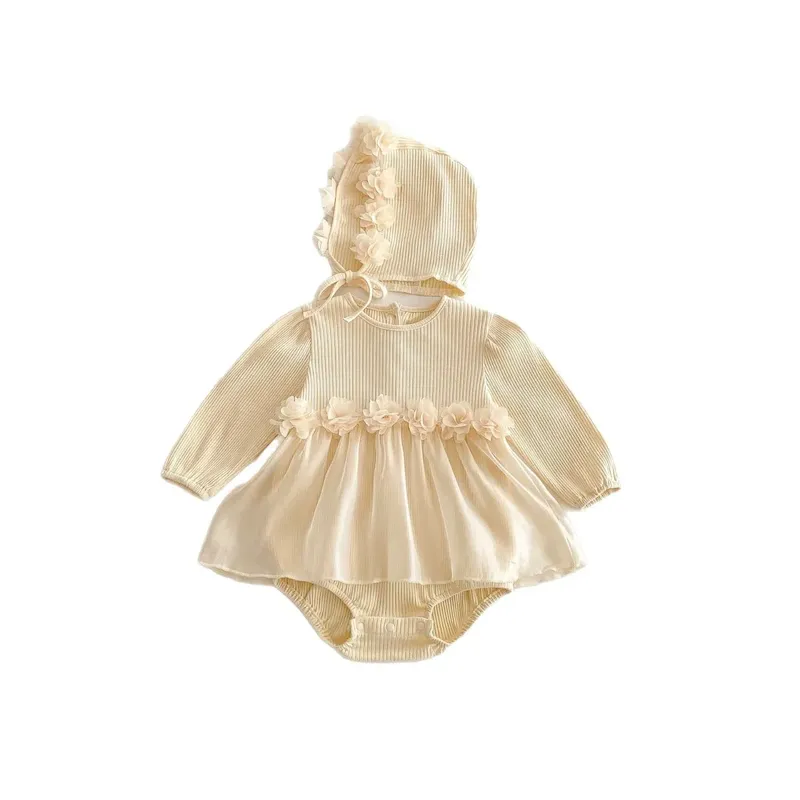 Wholesale Kids Baby'S Girls Fashion Solid Color Flower Long-Sleeve Rompers Hat Two-Piece Set - Image 3