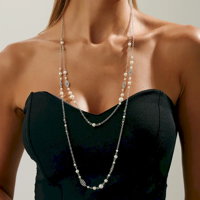 Wholesale Women Fashion Retro Imitation Pearl Tassel Chain Stacked Long Necklace Set - Image 11