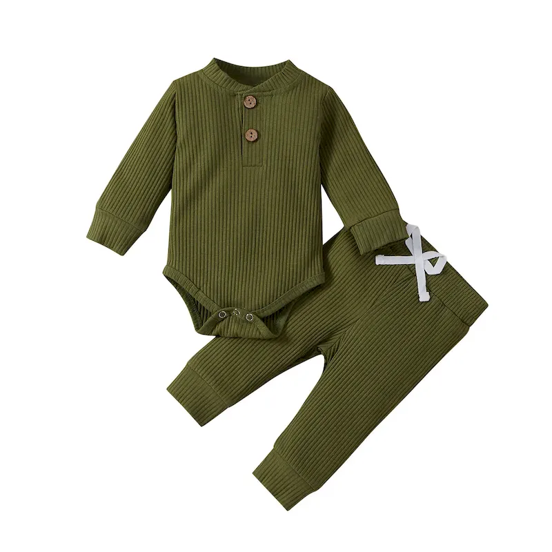 Wholesale Kids Bys And Girls Autumn And Winter Solid Color Stripes Long-Sleeve Bodysuits Drawstring Pants Two-Piece Set - Image 8