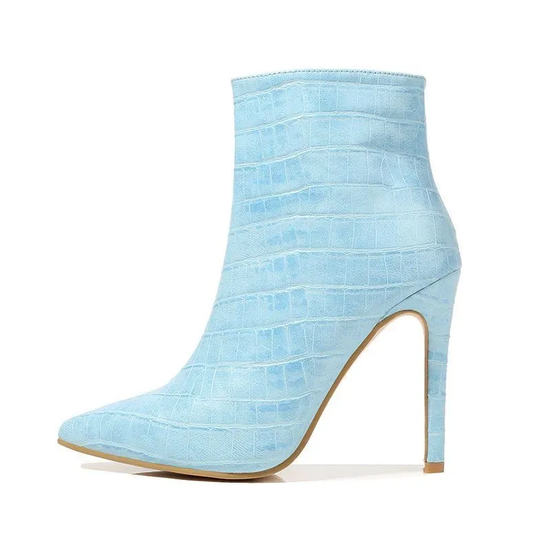 Size 4.5-10 Fashion Solid Color Pointed-Toe Snakeskin Pattern Stiletto Short Boots - Image 3