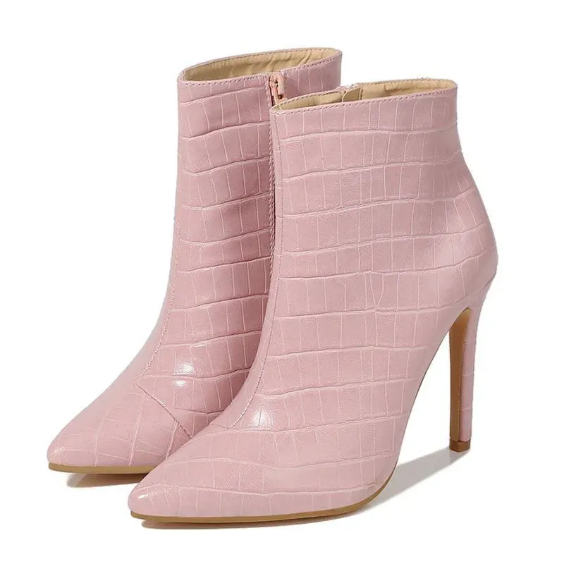 Size 4.5-10 Fashion Solid Color Pointed-Toe Snakeskin Pattern Stiletto Short Boots - Image 5
