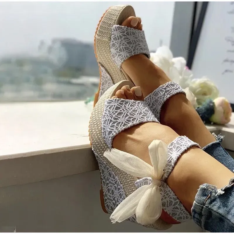Women Elegant Boho Style Peep Toe Bow Decoration Platform Wedge Sandals - Image 2