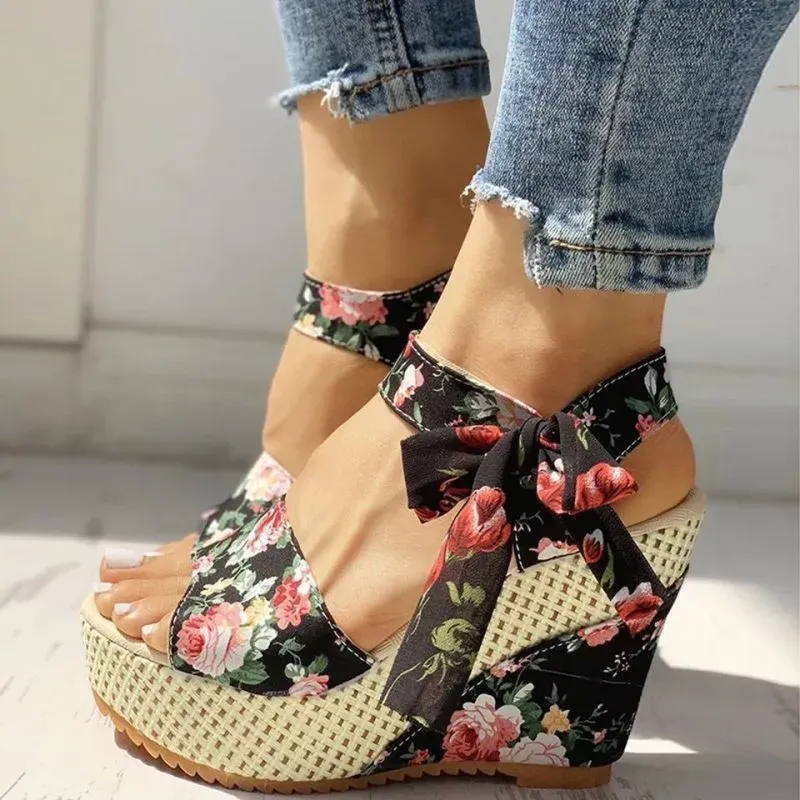 Women Elegant Boho Style Peep Toe Bow Decoration Platform Wedge Sandals - Image 3