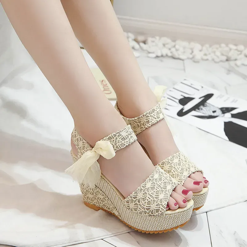 Women Elegant Boho Style Peep Toe Bow Decoration Platform Wedge Sandals - Image 8
