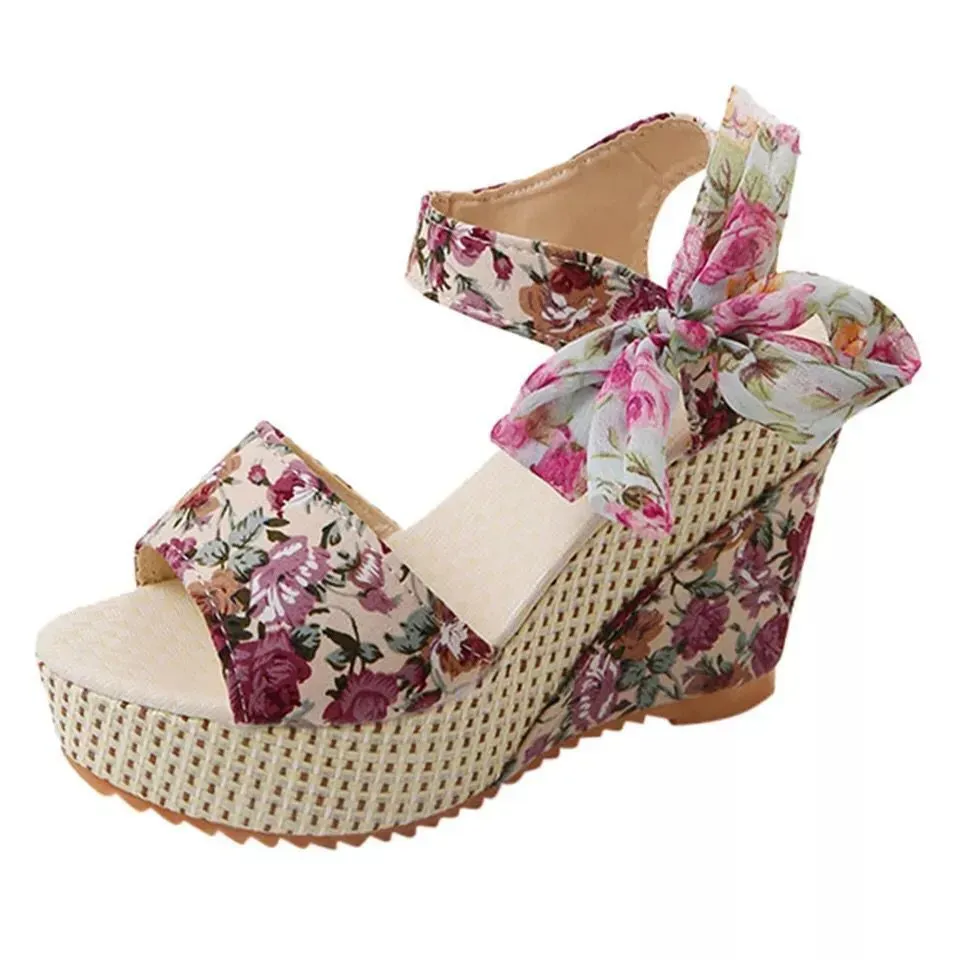 Women Elegant Boho Style Peep Toe Bow Decoration Platform Wedge Sandals - Image 11