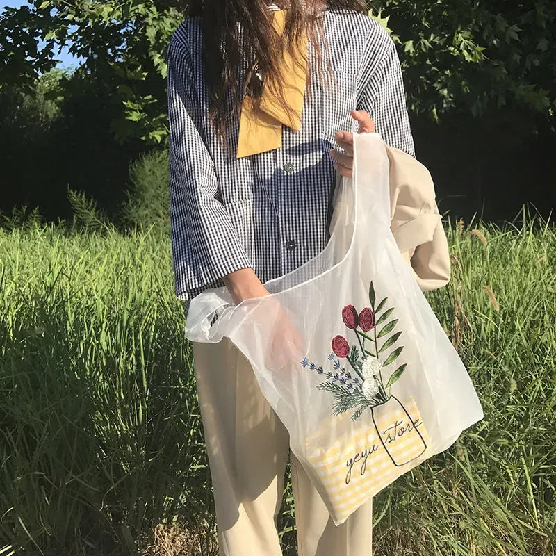 Transparent Organza Embroidery Hand Bag