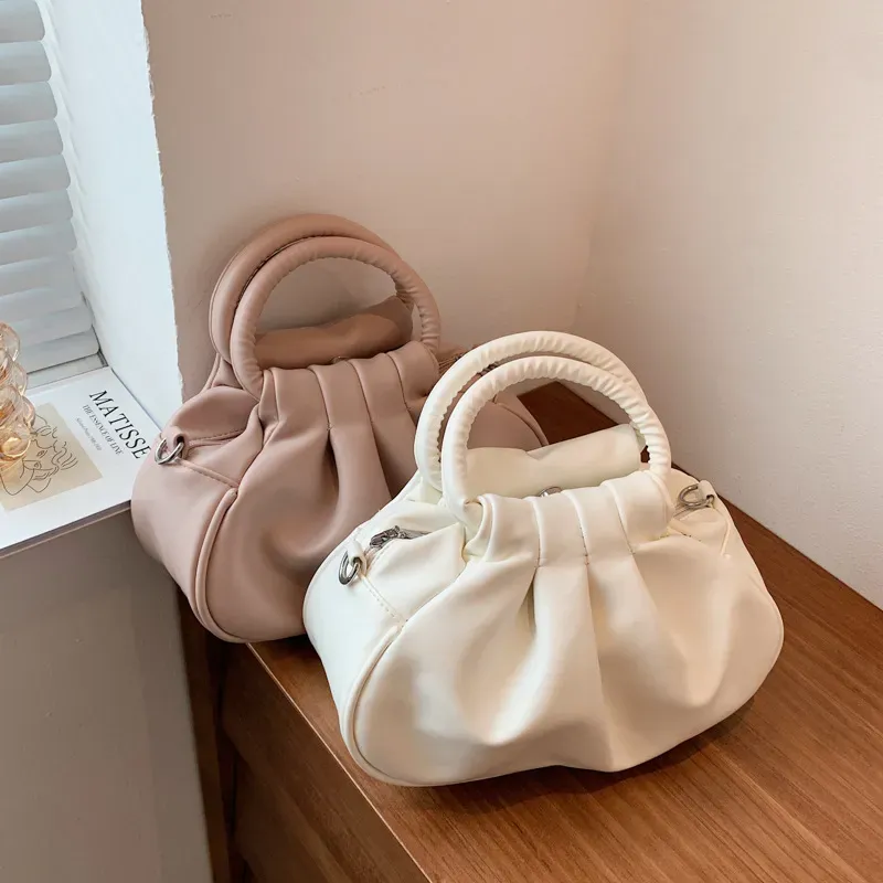 Women Vintage Crease Design Solid Color Drawstring Shoulder Handle Bag