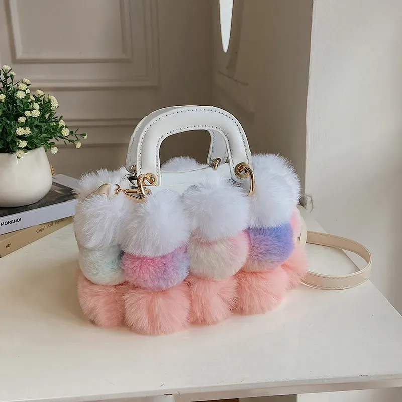 Women Casual Pompon Design Color Blocking Shoulder Handle Bag