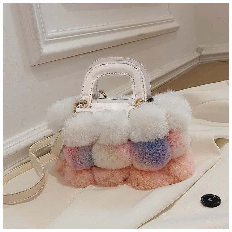 Women Casual Pompon Design Color Blocking Shoulder Handle Bag - Image 9