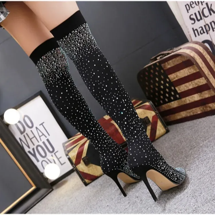 Fashion Women Rhinestone Design Stiletto High Heel Over The Knee Sock Boots - Image 3