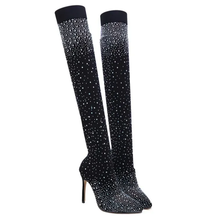 Fashion Women Rhinestone Design Stiletto High Heel Over The Knee Sock Boots - Image 4