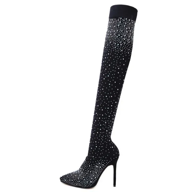 Fashion Women Rhinestone Design Stiletto High Heel Over The Knee Sock Boots - Image 5