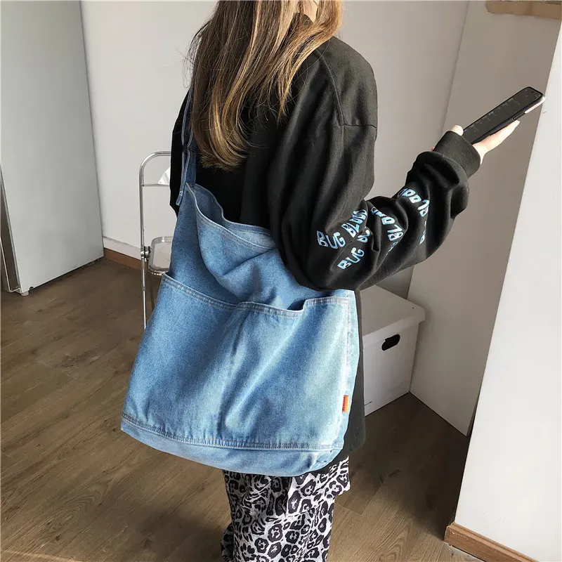 Fashion Denim Women Casual Design Solid Color Large Capacity Shoulder Handle Tote Bag - Image 4