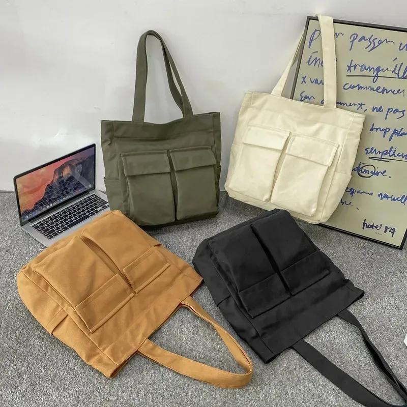 Women Casual Multi Pocket Design Solid Color Canvas Large Capacity Shoulder Handle Tote Bag - Image 3