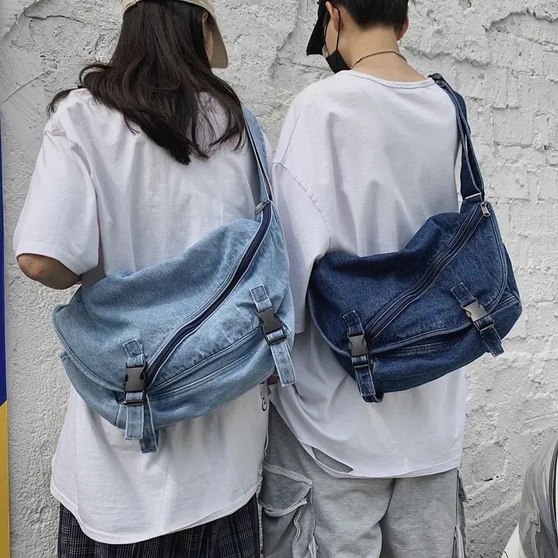 Retro Washed Denim Women Casual Zipper Design Solid Color Large Capacity Shoulder Handle Bag