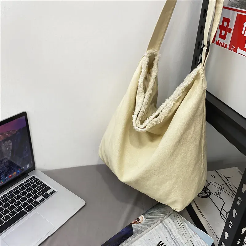 Women Casual Design Solid Color Canvas Large Capacity Shoulder Handle Bag - Image 9