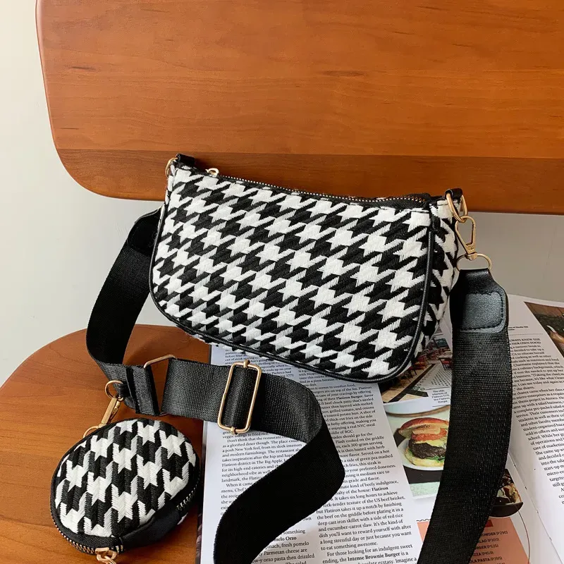 2 In 1 Women Casual Design Houndstooth Color Blocking Large Capacity Hobo Shoulder Handle Bag