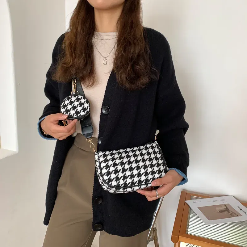 2 In 1 Women Casual Design Houndstooth Color Blocking Large Capacity Hobo Shoulder Handle Bag - Image 4