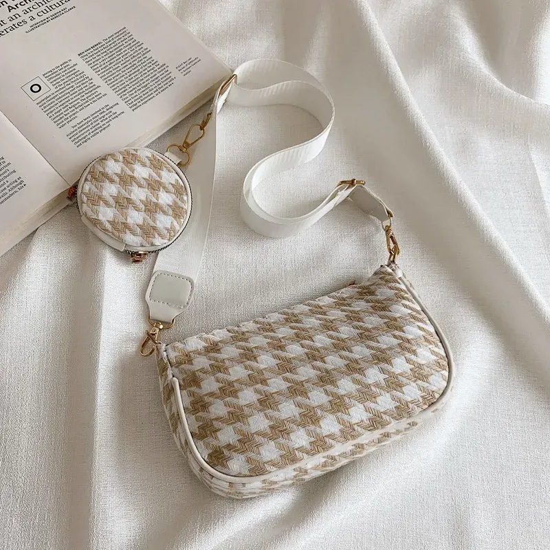 2 In 1 Women Casual Design Houndstooth Color Blocking Large Capacity Hobo Shoulder Handle Bag - Image 6