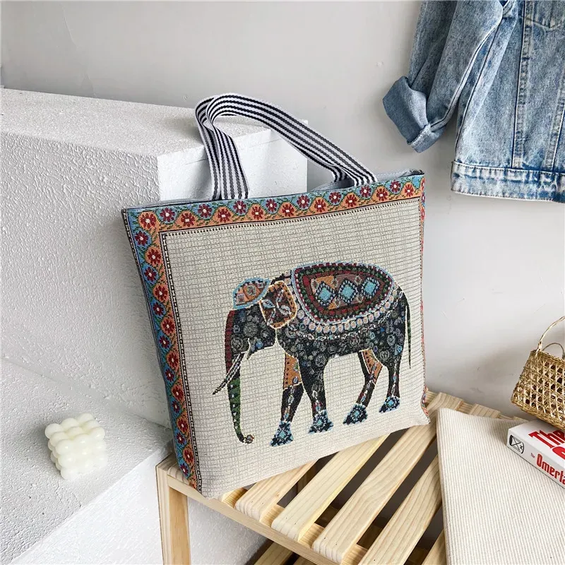 Fashion Ethnic Style Cartoon Embroidered Pattern Large Capacity Women Canvas Tote Bag - Image 9