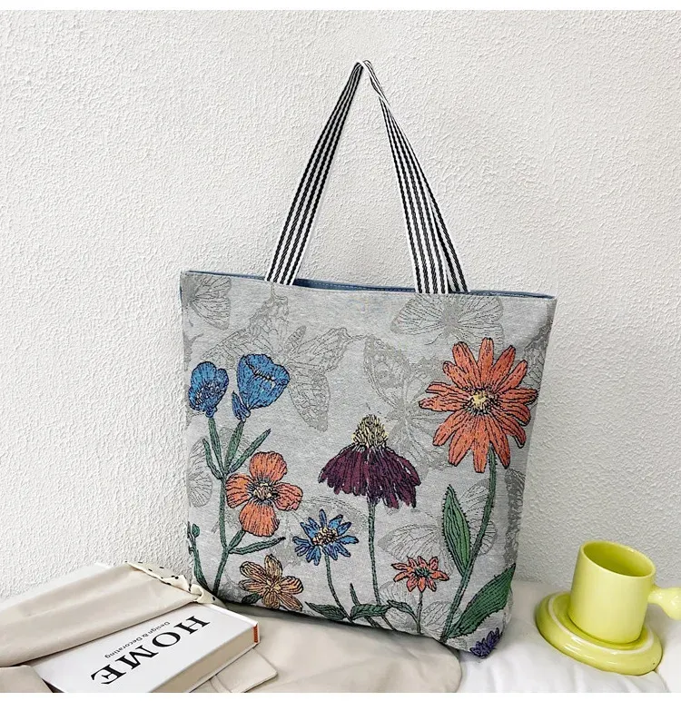 Fashion Ethnic Style Cartoon Embroidered Pattern Large Capacity Women Canvas Tote Bag - Image 16