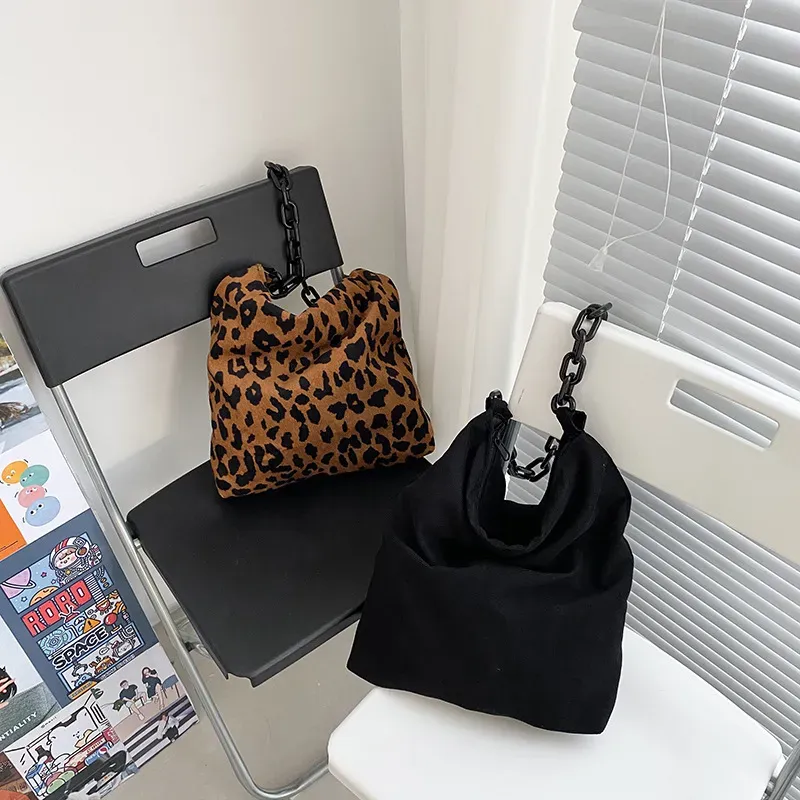 Women Daily Corduroy Vintage Leopard Pattern Thick Chain Warm Soft Shoulder Bags - Image 6