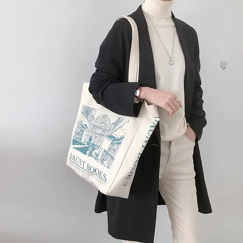 Women Casual Vintage Graphic Print Large Capacity Canvas Shopping Shoulder Bag - Image 5