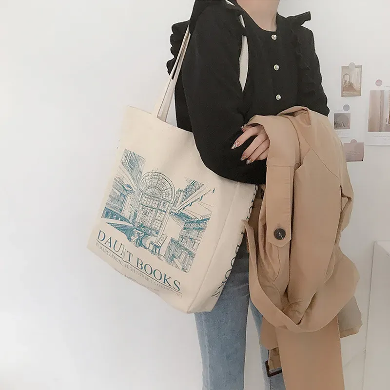 Women Casual Vintage Graphic Print Large Capacity Canvas Shopping Shoulder Bag - Image 7