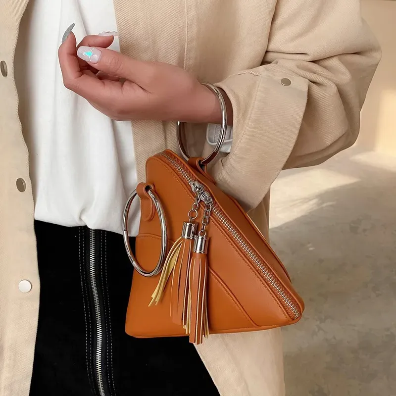 Women Creative Tassel Hoop Decoration Triangle Shape PU Handle Bag
