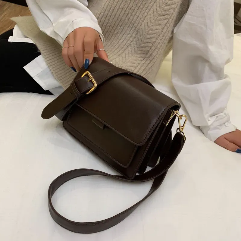 Women Basic Flap Buckle Design Solid Color PU Crossbody Bag - Image 3
