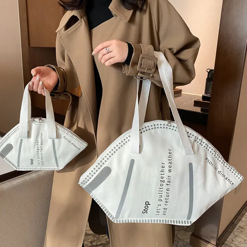 Women Creative Funny Mask Shape Design Letter Pattern Large Capacity Canvas Shoulder Bag - Image 3