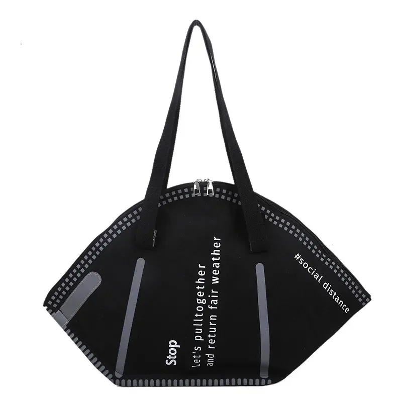 Women Creative Funny Mask Shape Design Letter Pattern Large Capacity Canvas Shoulder Bag - Image 6