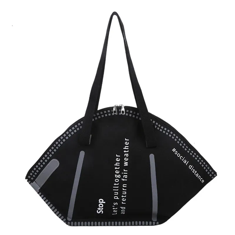 Women Creative Funny Mask Shape Design Letter Pattern Large Capacity Canvas Shoulder Bag - Image 7