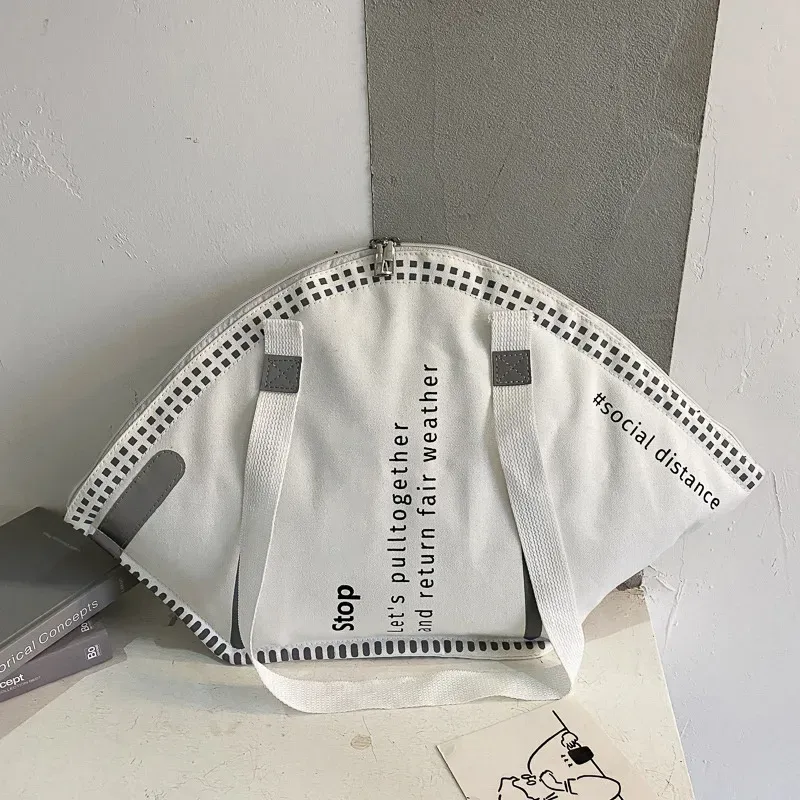 Women Creative Funny Mask Shape Design Letter Pattern Large Capacity Canvas Shoulder Bag - Image 9