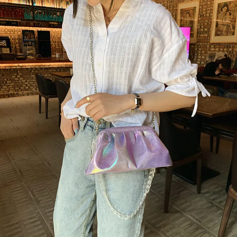 Women Fashion Crease Design Acrylic Chain Laser PU Crossbody Bag - Image 3