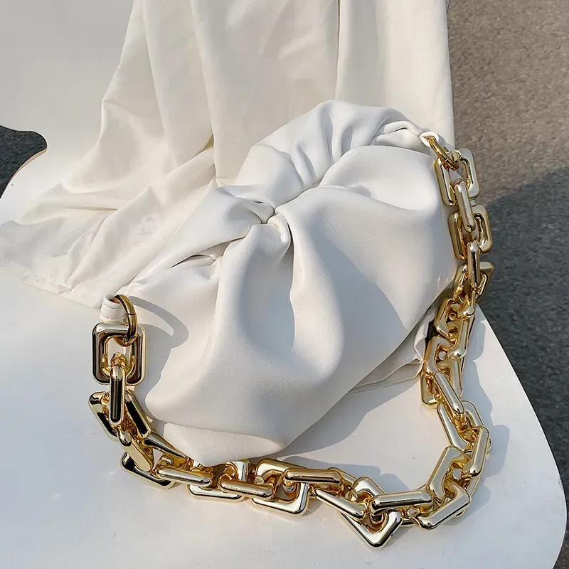 Women Fashion Thick Chain Crease Design Solid Color PU Shoulder Bag