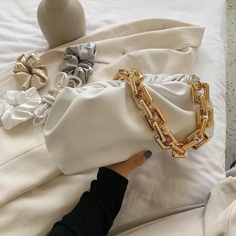 Women Fashion Thick Chain Crease Design Solid Color PU Shoulder Bag - Image 8