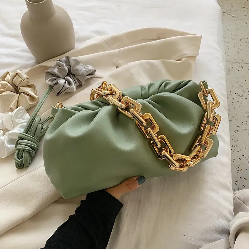 Women Fashion Thick Chain Crease Design Solid Color PU Shoulder Bag - Image 11