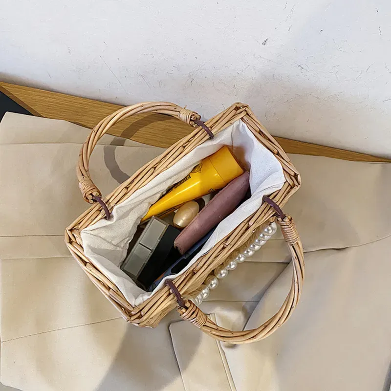 Women Casual Chic Pearl Chain Decorative Woven Design Straw Handle Bag - Image 5