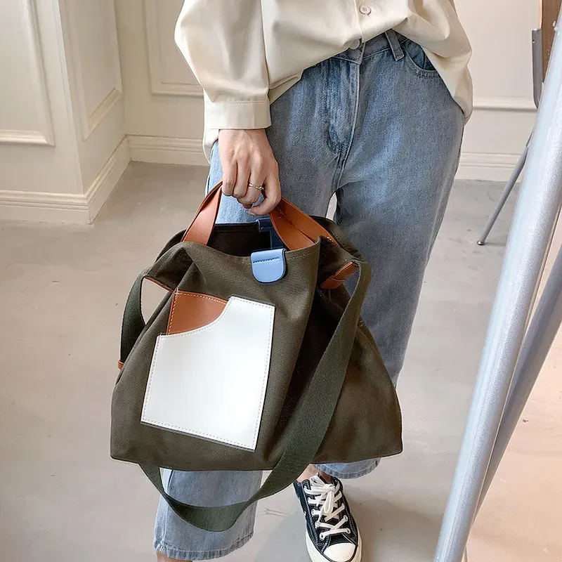 Women Fashion Unique Color Blocking Patchwork Design Large Capacity Canvas Tote Bag - Image 3