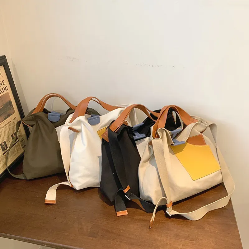 Women Fashion Unique Color Blocking Patchwork Design Large Capacity Canvas Tote Bag - Image 4