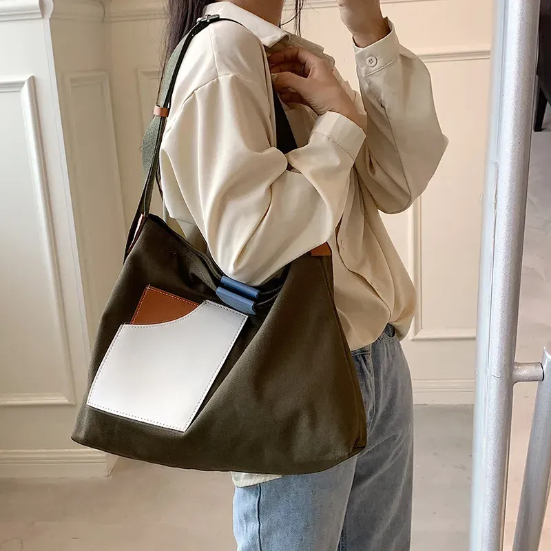 Women Fashion Unique Color Blocking Patchwork Design Large Capacity Canvas Tote Bag - Image 6