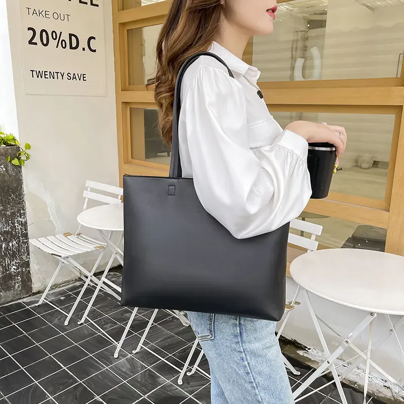 Women Fashion Basic Zipper Design Solid Color Large Capacity PU Tote Bag - Image 3