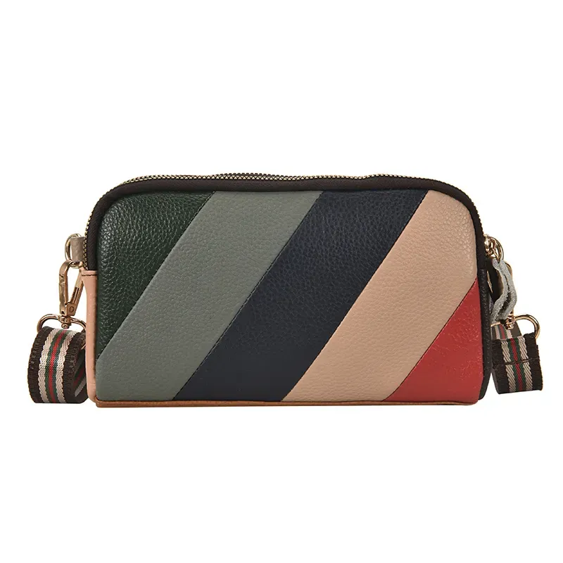 Women Casual Striped Color Blocking Zip Design PU Crossbody Bag - Image 7