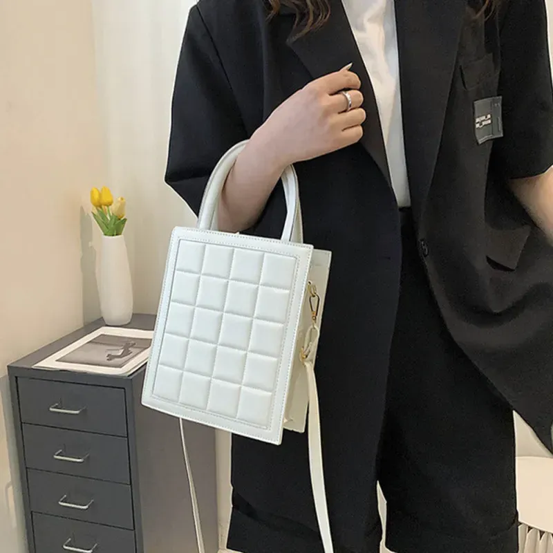 Women Fashion Plaid Embossed Solid Color Large Capacity PU Crossbody Bag - Image 5