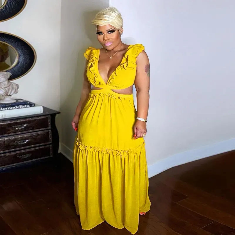 Women Fashion Plus Size Solid Color V-Neck Lace-Up Dress - Image 4