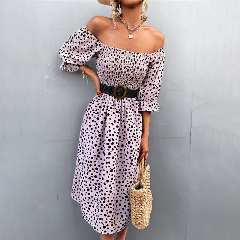 Summer Women Vintage Bohemian Square Neck Short Puff Sleeves Dress Without Belt - Image 3