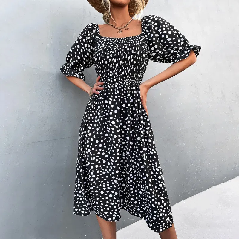 Summer Women Vintage Bohemian Square Neck Short Puff Sleeves Dress Without Belt - Image 4